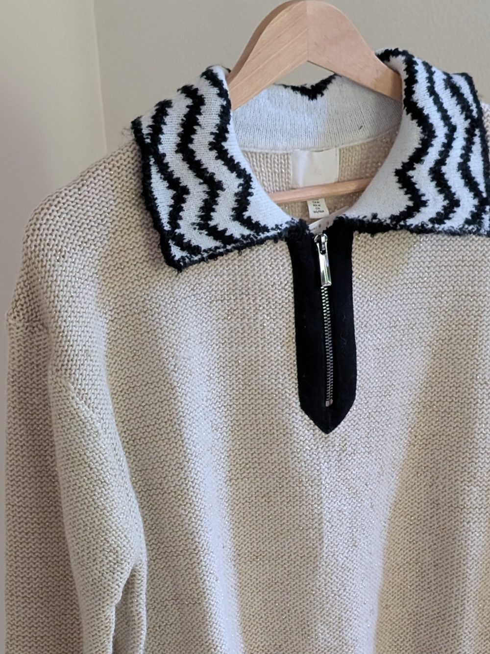 NWT H&M Contrast Striped Collared Zip-Front Polo Sweater In Cream/Black - M - Picture 5 of 8